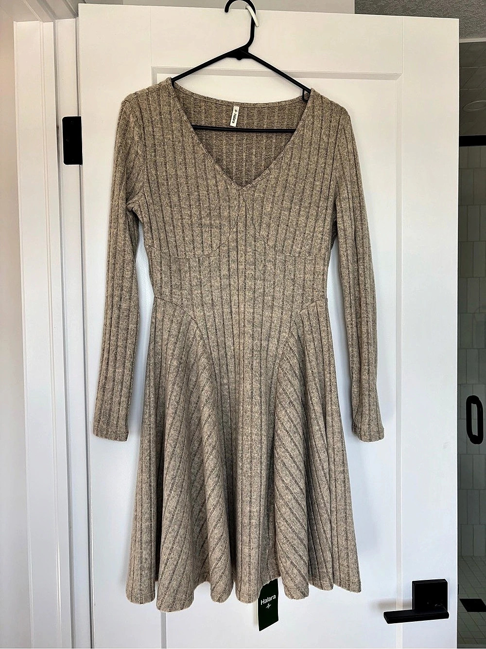 Halara Ribbed Knit V Neck Long Sleeve Flare Mini Casual Dress in Gray